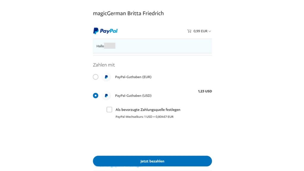 Screenshot PayPal confirmation page